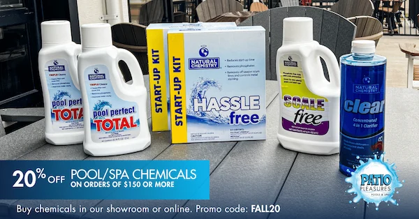 Natural Chemistry pool care products display for 20% off sale at Patio Pleasures